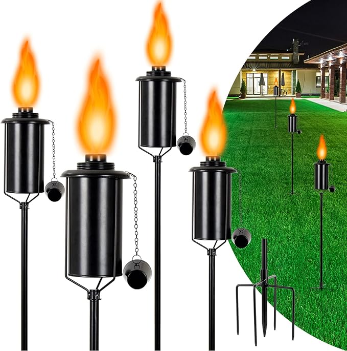 Nonley 4 Pack Metal Torch for Outside [Upgraded], 16oz Metal Garden Torches Outdoor Citronella Torches with 4-Prong Grounded Stake, Flame Torch Light for Backyard Patio Pathway Party 61" Tall