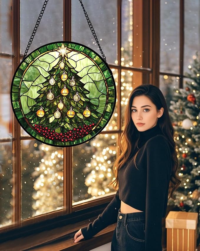 DASTOLL Stained Glass Window Hanging - Green Christmas Tree Golden Bells Suncatcher for Doors Home Christmas Decoration Sun Catcher Thanksgiving New Year Birthday Gift for Women Men Mom Nana 11.8 in