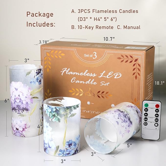 Silverstro Hydrangea Flameless Candles with Remote Blinks Glass Real Wax LED Candles - Home Party Wedding Romantic Love Theme Summer Holiday Decor - Set of 3