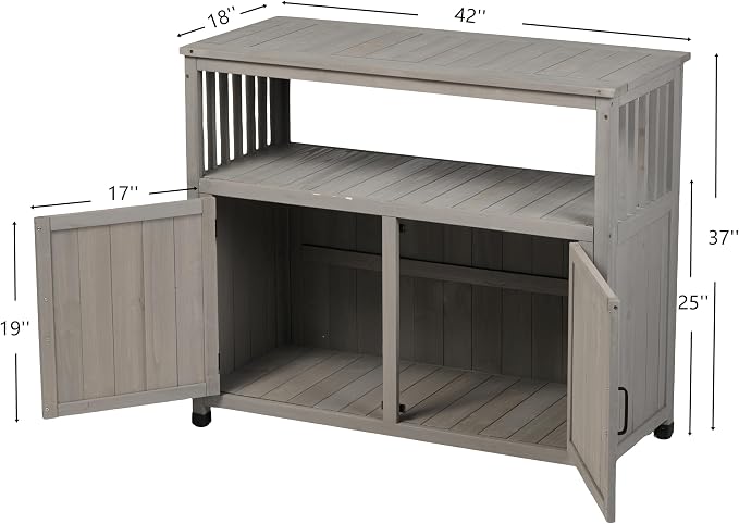 Wooden Patio Bar Table with Storage, Outdoor Buffet Cabinet Sideboard, Grey