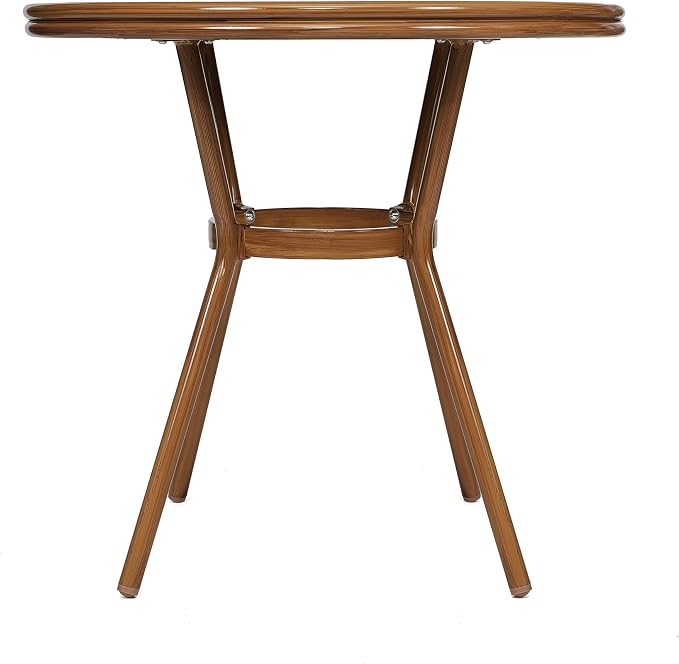 EMMA + OLIVER Colmar Indoor/Outdoor Bistro Table - Black & White Woven PE Rattan Pattern - Tempered Glass Top - Bamboo Finish Metal Frame - 31.5 in.