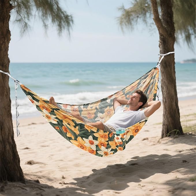 Camping Hammock Outdoor Hammocks for Outside Daffodil Flowers Orange Beach Trees Portable Lightweight with Pockets Tree Straps Indoor Small