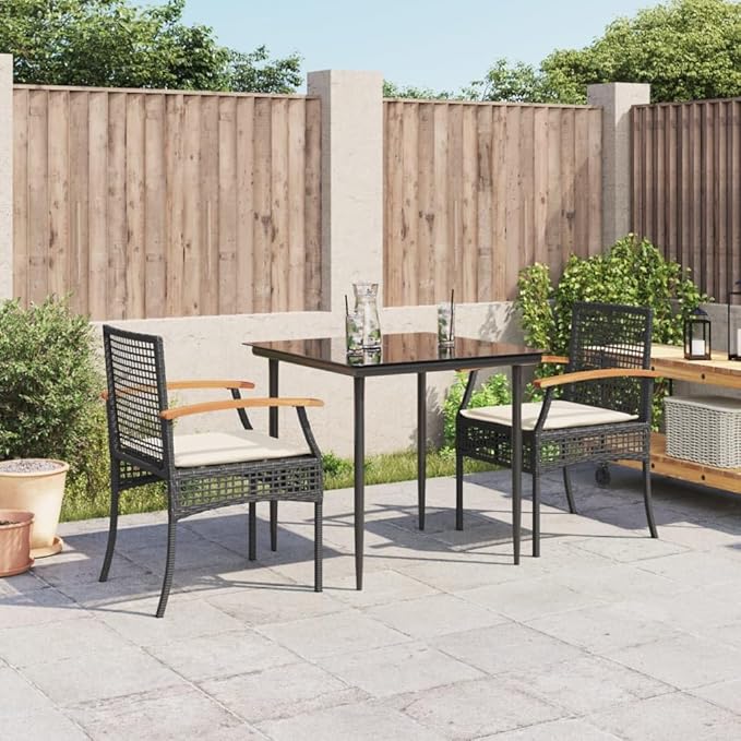 3 Piece Patio Dining Set with Cushions, Outdoor Lounge Sets Front Porch Furniture Sectional Sofa Porch Furniture Set for Piazza Exhibition Negotiation Area Garden Black Poly Rattan