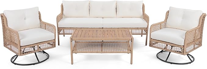 4 Pieces Patio Furniture Set, Rattan Outdoor Conversation Set with 1 3-Seater Sofa, 2 360°Swivel Rocking Chair and 1 Solid Wood Tabletop Coffee Table for Poolside Backyard Deck (Beige/264)