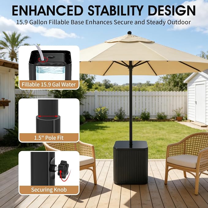 BoYata Outdoor Umbrella Side Table, 2-in-1 Outdoor Side Table with Umbrella Hole, 15.9 Gallon Fillable Umbrella Stand Base, Fit Up to 1.5" Pole, Square Patio Side Table for Poolside, Deck, Matte Black