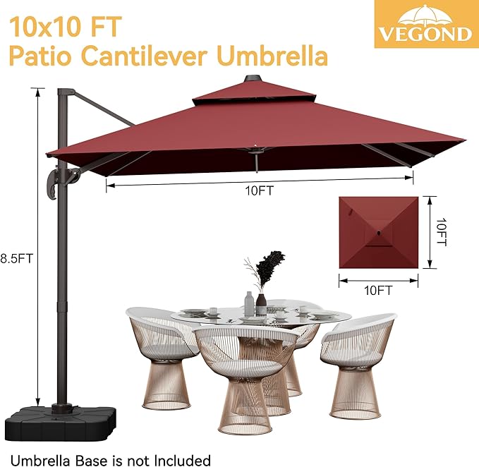 10x10 FT Patio Cantilever Umbrella (Base Not Included) (Base Not Included), Rectangular Heavy Duty Offset Umbrella for 6-8 People, 360°Rotation & Mult Tilt, Double Top Design, for Pool Garden Deck (Red)
