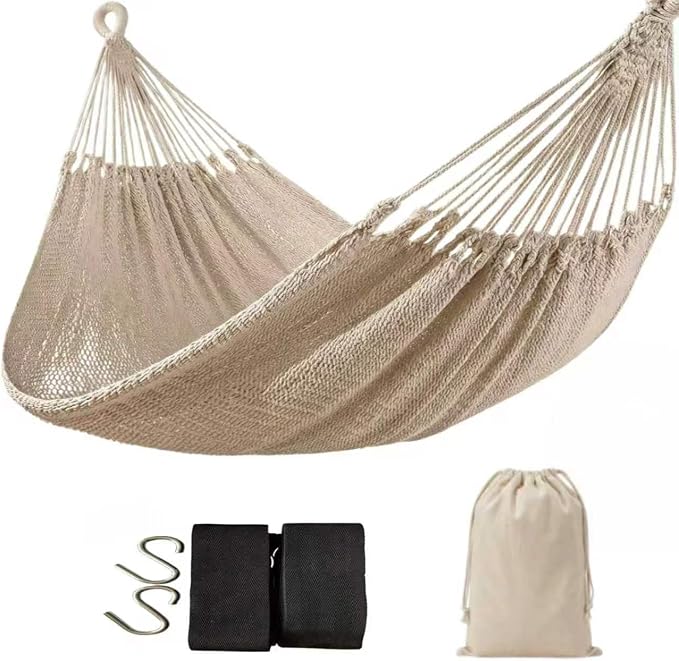 WjrnlfdHammock 79 * 59in550lbs 2Person Cotton Rope Outdoor Camping Hammock | 550lbs double hammock, handwoven cotton rope, breathable mesh, easy setup, perfect for backyard, camping & beach. 3 colors!