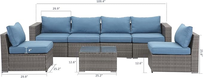 Wisteria Lane 7 Piece Patio Furniture Sets,All Weather Outdoor Sectional Patio Sofa Manual Weaving Wicker Patio Seating Rattan Sofas with Glass Table,Blue