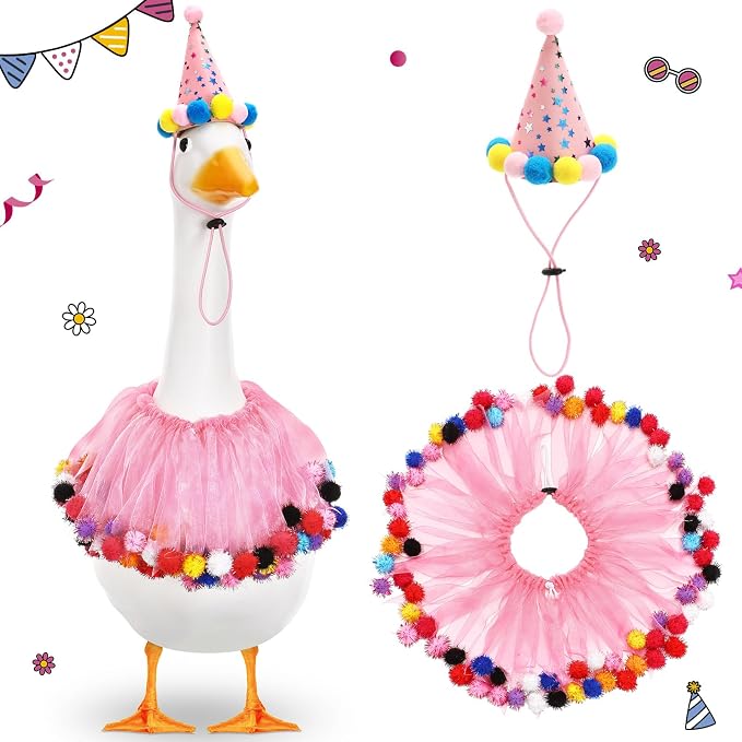 Birthday Porch Goose Outfit Lawn Clothes Hat and Tutu Collar Plastic Outfits for 23" 17" Cement Goose Outdoor Garden Lawn Art Decor(Pink,Plush Ball)