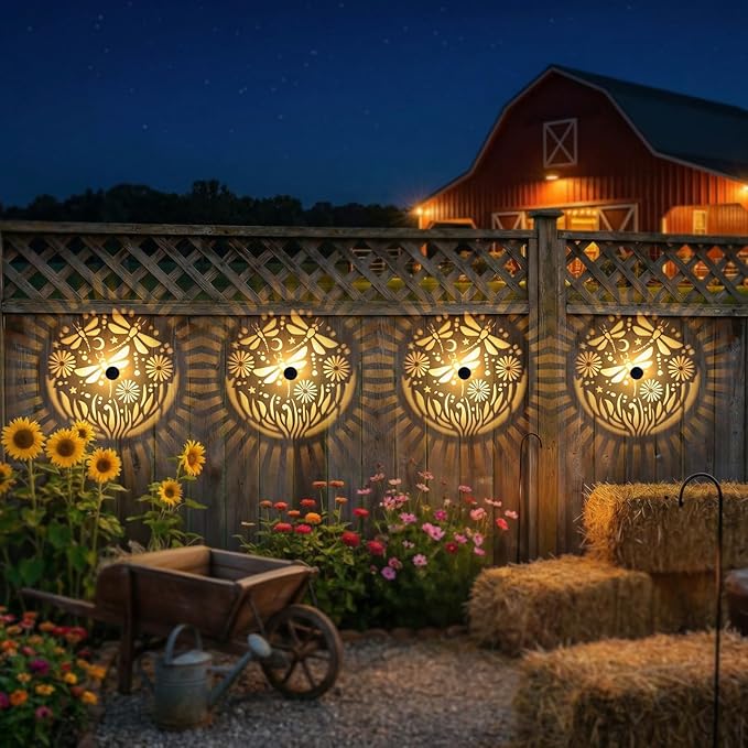 2 Pack Solar Fence Lights Outdoor Wall Lights Metal Solar Powered Deck Step Stair Lights Dragonfly Theme Waterproof Fence Solar Light for Garden Post Patio Yard Decor, Gardening Gifts for Women Mom