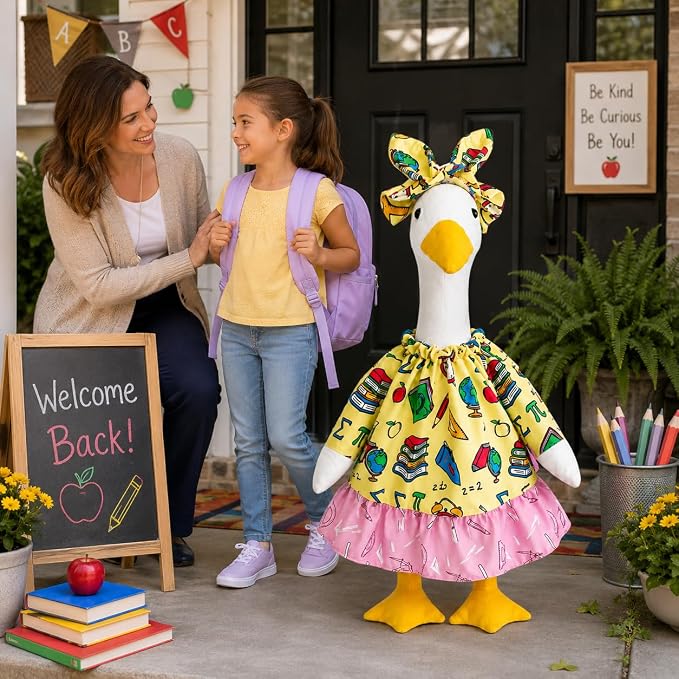 Back to School Porch Goose Outfit, 2Pcs/Set Yard Goose Clothes for 23" Statue Patio Lawn Garden School Classroom Decor