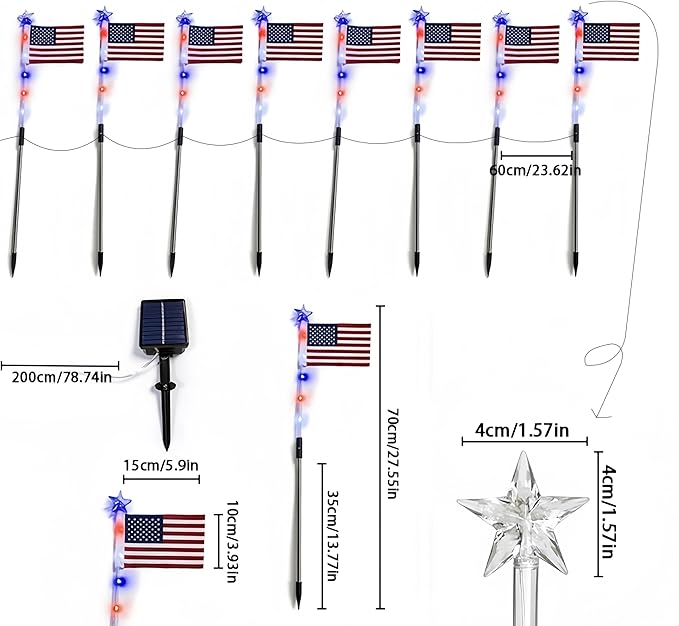 4th of July Decorations Outdoor, 8 Piece Flag Light Set with Timer, Red White and Blue Solar Pathway Lights, American Flag Yard Garden Lights IP65 Waterproof(8-Piece Flag Light Set)