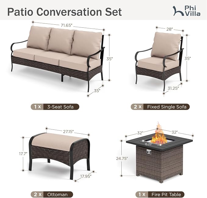 Outdoor Patio Furniture Set with 32" Fire Pit Table, 6 Pieces Heavy-Duty Metal Conversation Sets, Wicker Modern Sofa Set for Patio, Balcony, Backyard, Deck, Poolside