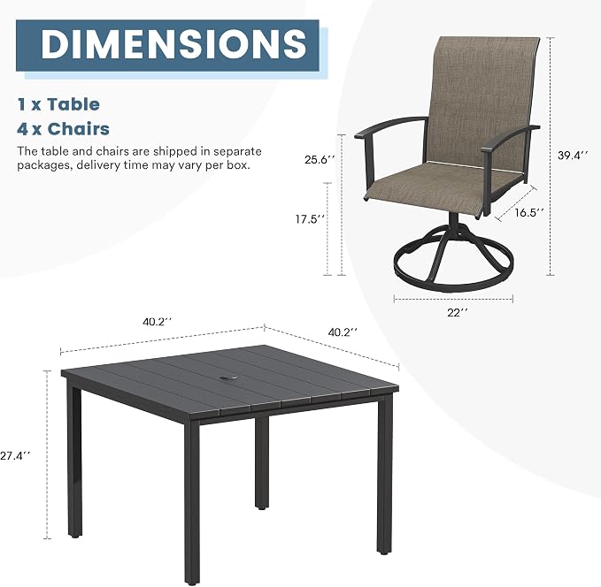 DIFY 5 Pieces Outdoor Dining Set, Metal Patio Table and Chairs Set for 4 with Umbrella Hole, 40.2" Black Square Table and Brown Textilene Swivel Patio Chairs for Garden, Backyard, Poolside