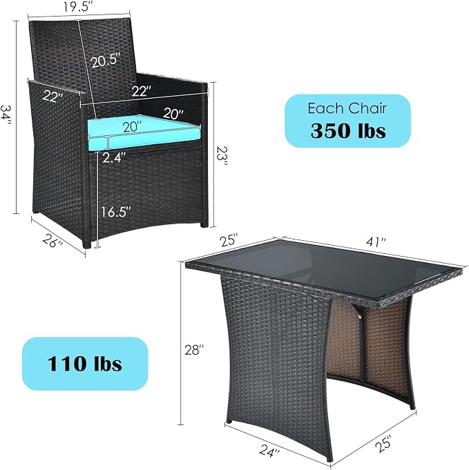 DORTALA Wicker Patio Bistro Set 3 Piece, Outdoor Table and Chairs with Tempered Glass Tabletop, Cushions, Small Rattan Furniture Conversation Sofa Set for Balcony, Porch, Backyard, Deck, Turquoise
