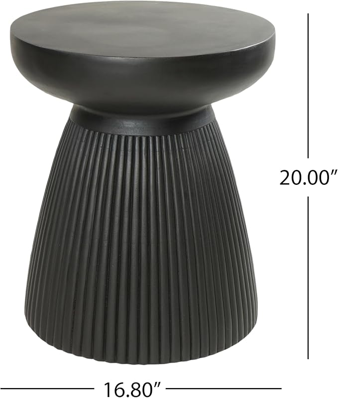 Christopher Knight Home Round Side Table, Outdoor Concrete End Table, Vertical Texture Accent Table, Decorative Side Table, Stylish End Table for Patio Balcony Beach Pool Side, Matte Black
