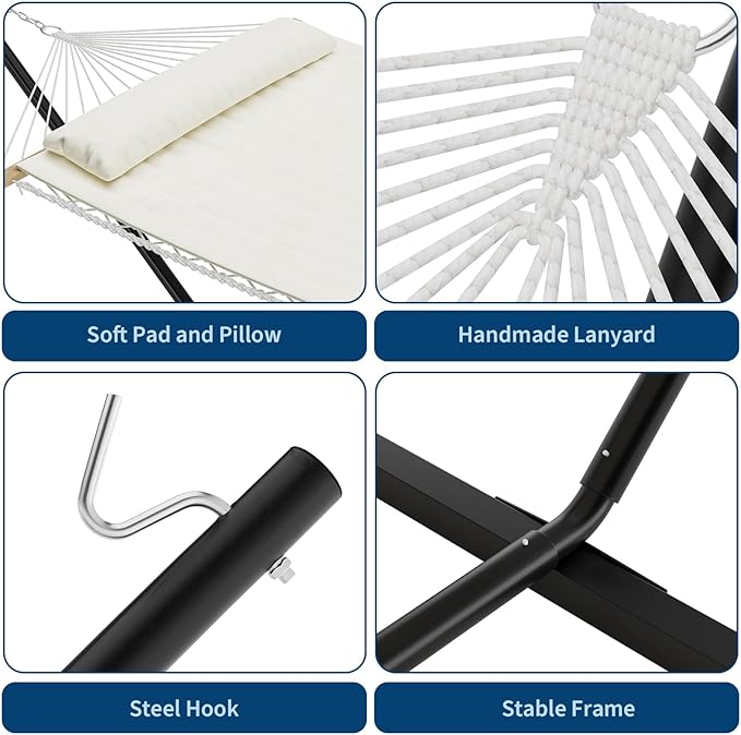 Double Hammock with Stand,450lbs Capacity, 2 Person Cotton Rope Portable Hammock with Polyester Quilted Pad and Pillow,for Garden Yard,Camping and Patio.Off White.