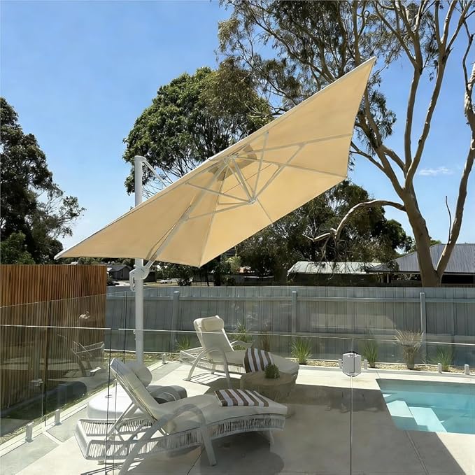 PURPLE LEAF 10' × 13' Patio Umbrella With Base White Cantilever Umbrella Square Outdoor Offset Umbrella Windproof with 360° Rotation for Garden Deck Pool, Beige