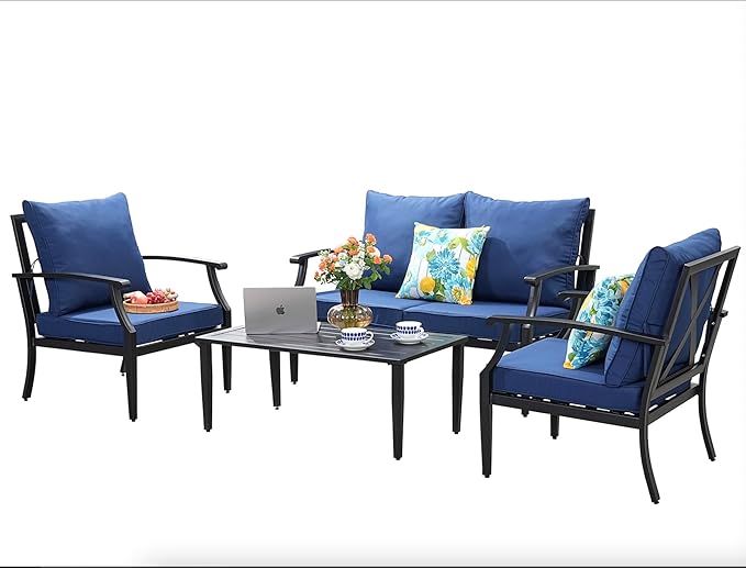 4 Pieces Patio Furniture Set w/loveseat,Coffe Table,Outdoor Conversation Metal Sofa with High Back and Thick Cushion,for Backyard,Garden,Navy