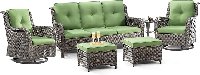 Wicker Patio Furniture Set 6 Piece Set with 1 Three-Seat Sofa, 2 Swivel Rocker Chairs, 2 Ottomans and 1 Side Table, Outdoor Furniture Patio Conversation Sets(Mixed Grey/Green)