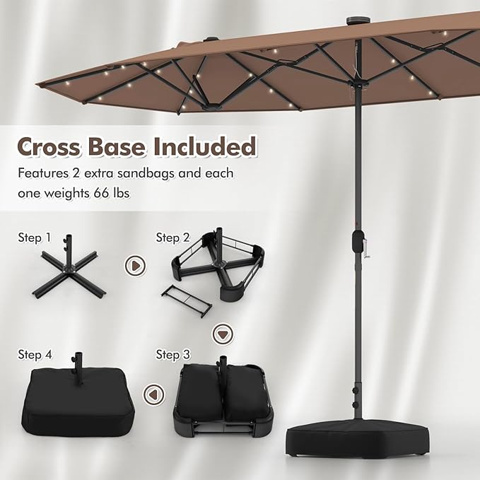 HAPPYGRILL Double-Sided Patio Umbrella with Solar Lights, 13FT Large Umbrella with Base Included, Crank Handle, Market Twin Table Umbrella for Outdoor Backyard Garden Poolside