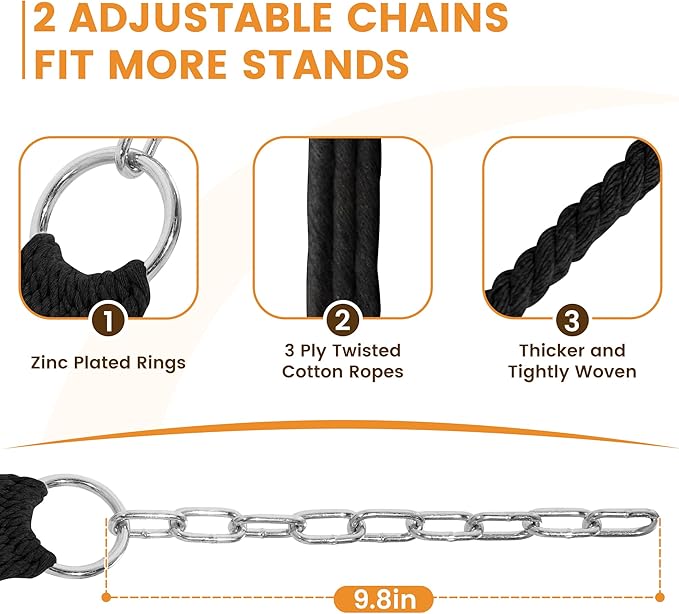 Lazy Daze Hammocks 12FT Double Rope Hammocks, 2 Person Hand Woven Cotton Hammock with Spreader Bar, Carabiner, Tree Strap, Chain for Outside, FIT 13-15 FT Stand, Max 450 Lbs, Black
