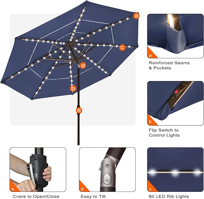 EliteShade USA 10-Year-Non-Fading 10ft 3-Tier Market Patio Umbrella, Commercial Table Umbrella with 80 Solar LED Lights, Crank Open, Windproof & UPF 50+ UV Protection for Garden, Deck, Pool, Backyard, Navy Blue