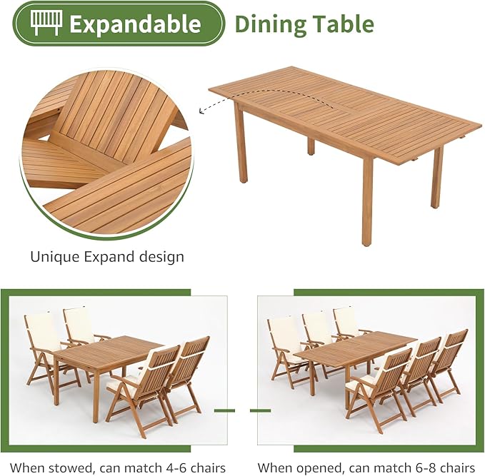 OC Orange-Casual 7 Piece Patio Dining Set, Outdoor Acacia Wood Furniture Set w/Extendable Rectangular Table and 6 Foldable Reclining Chair, Solid Wood, for Deck Garden Backyard, Beige