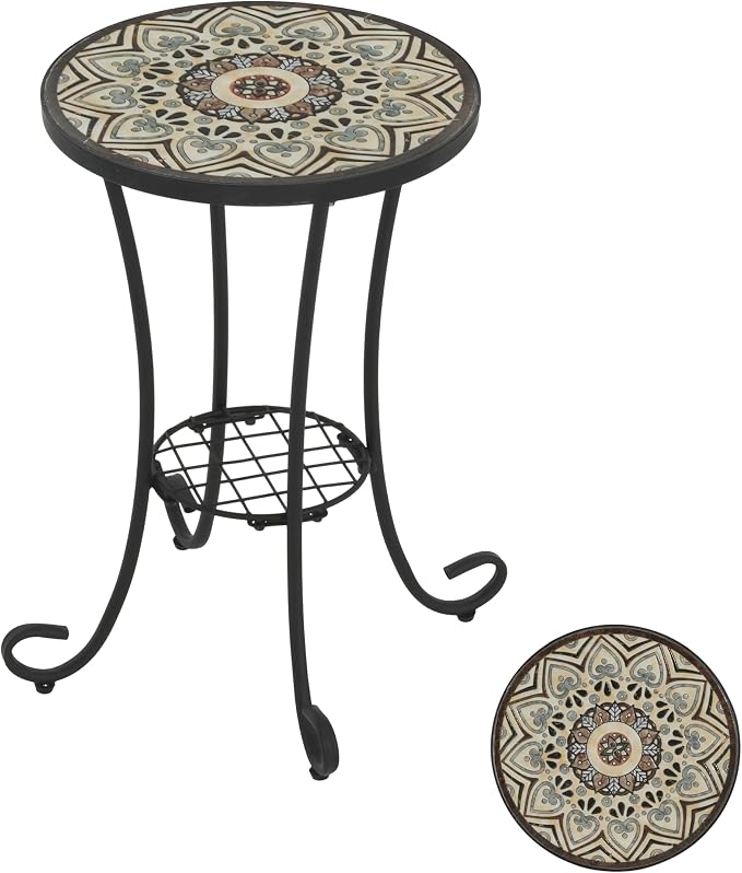 Christopher Knight Home Glady Outdoor Round Side Table, Patio Bistro Table with Ceramic Top and Metal Frame, Small Decorative Accent Table for Patio Garden Porch Balcony, Bohemia