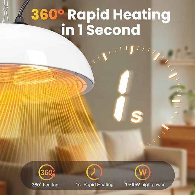1500W Electric Hanging Patio Heater, 3S Instant Heat, Ceiling-Mounted Outdoor Heater with Quiet Operation, Overheat Protection, IP55 Waterproof for Patio, Balcony & Garage,white