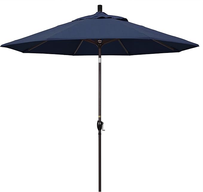 California Umbrella 9' Round Aluminum Market Umbrella, Crank Lift, Push Button Tilt, Bronze Pole