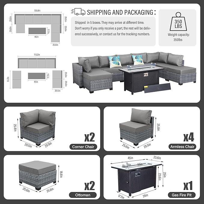WAROOM Outdoor Patio Furniture Set 9 Pieces Gray Rattan Sectional Sofa PE Wicker Conversation Couch Sets with Propane Fire Pit Table, Anti-Slip Thick Grey Cushion