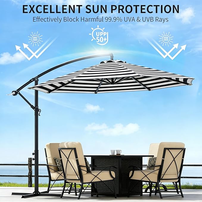 10ft Offset Hanging Market Patio Umbrella w/Cross Base, Outdoor Large Round Aluminum Cantilever Umbrella w/Easy Tilt Adjustment, Fade Resistant Waterproof 8 Ribs Canopy, for Yard, Garden & Dec
