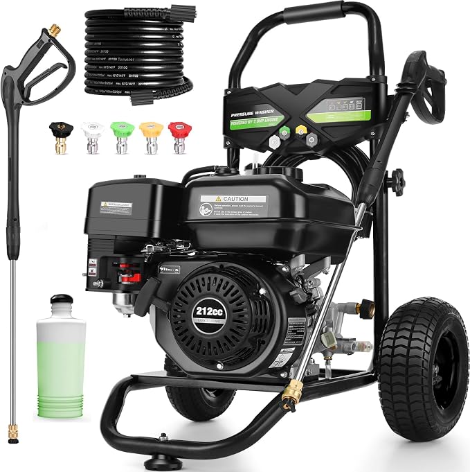 Professional 4200PSI 4GPM 212CC Gas Pressure Washer, 7.0HP Heavy-Duty 3600RPM Commercial Gas Power Washer with 1000ML Foam Bottle 9" Wheels 5 Nozzles 25FT Hose (EPA/CARB/ETL Compliant), Black