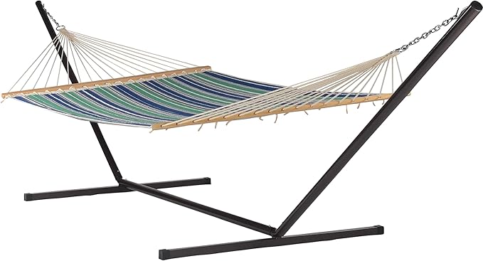 Quilted Hammock and Tribeam Stand (Green and Blue Stripe with TRIBEAM Stand Mocha)