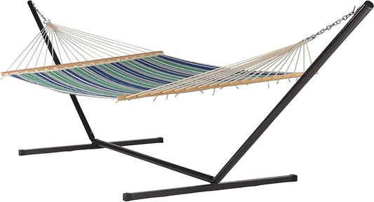 Quilted Hammock and Tribeam Stand (Green and Blue Stripe with TRIBEAM Stand Mocha)