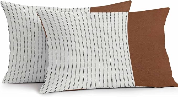 Boho Brown Leather Texture Outdoor Pillow Covers 20x12 Inch Lumbar Pillow Covers Set of 2 Waterproof Decorative Throw Pillow Cases Modern Black Striped Cushion Covers for Patio Furniture Garden Couch