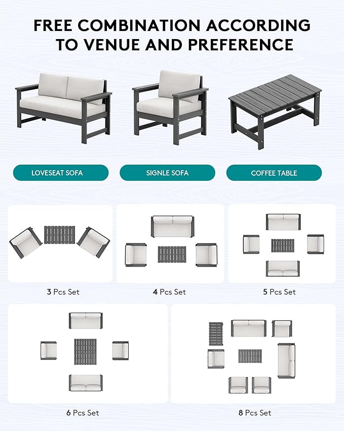 SERWALL 4 Pieces HDPE Outdoor Sofa Set with 10FT Patio Umbrella, All Weather Use Loveseat Furniture Sofa Set, Outdoor Conversation Couch with Coffee Table for Patio, Grey Frame with Khaki Cushions