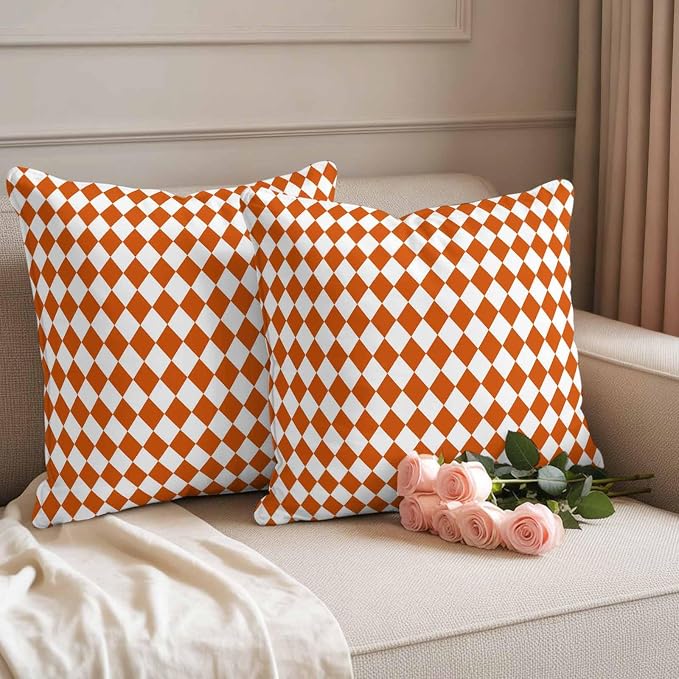 Outdoor Throw Pillow Cover Modern Orange White Plaid Waterproof Cushion Covers 2 Pack Geometric Lattice Pillow Cases Home Decoration for Patio Garden Couch Sofa