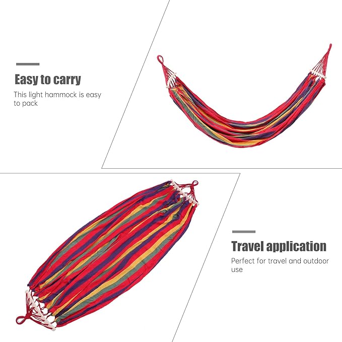 VOSAREA Striped Canvas Outdoor Hammock Swing Bed for Camping Hiking, Single-Person 190x150cm with Curved Rod, Duckbill Buckle, Rope and Storage Bag
