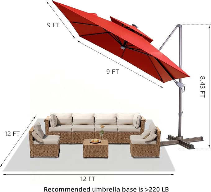 JZAC & QZYD 9x9 FT Outdoor Cantilever Patio Umbrella with Solar LED Lights, Large Heavy Duty 2-Tier Canopy Square Aluminum Offset Umbrellas with 360-Degree Rotation for Pool Deck Backyard, Red