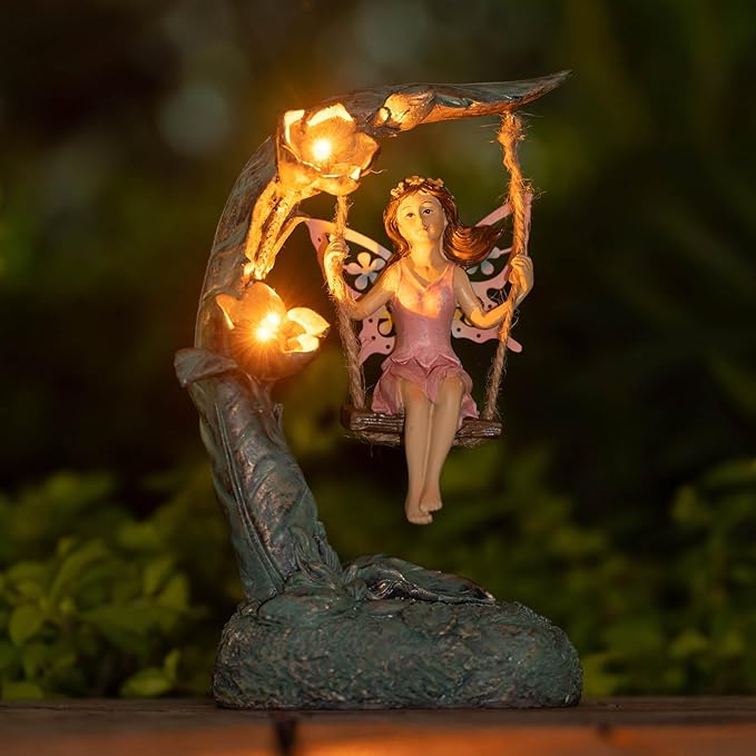 Suyorpe Garden Flower Fairy Outdoor Statue Decor Funny Swing Fairy Ornaments Figurines for Patio Lawn Yard Porch Outside Garden Gifts,9.05 Inches Tall ﻿ ﻿ ﻿
