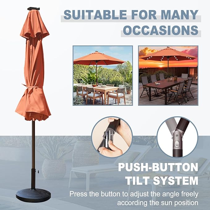 EliteShade USA 10-Year-Non-Fading 10ft Market Patio Umbrella, Commercial Grade Table Sun Umbrella with 80 Solar LED Lights, Crank Open, Windproof & UPF 50+ UV Protection for Garden, Deck, Pool, Backyard, Rust