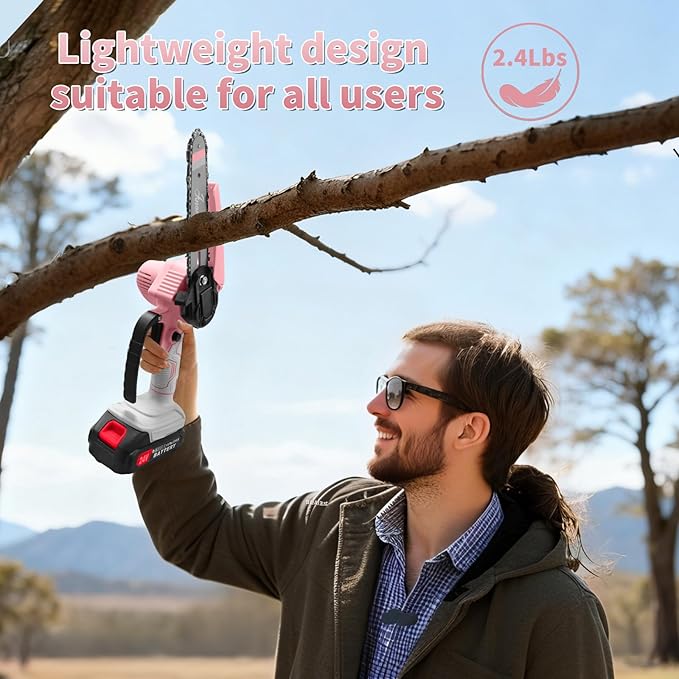 Mini Chainsaw with 2×24V Battery Powered Electric Chain Saw,chain saw are suitable for cutting wood and trimming branches,Mini Chainsaw Cordless With three chains (Pinkish White)