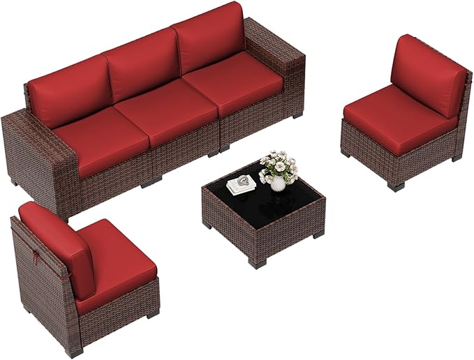 6 Pieces Outdoor Patio Furniture Set with Table Brown Rattan Sectional Sofa Conversation Sets for Balcony Lawn and Garden (Wine, 6 pcs w/Table)