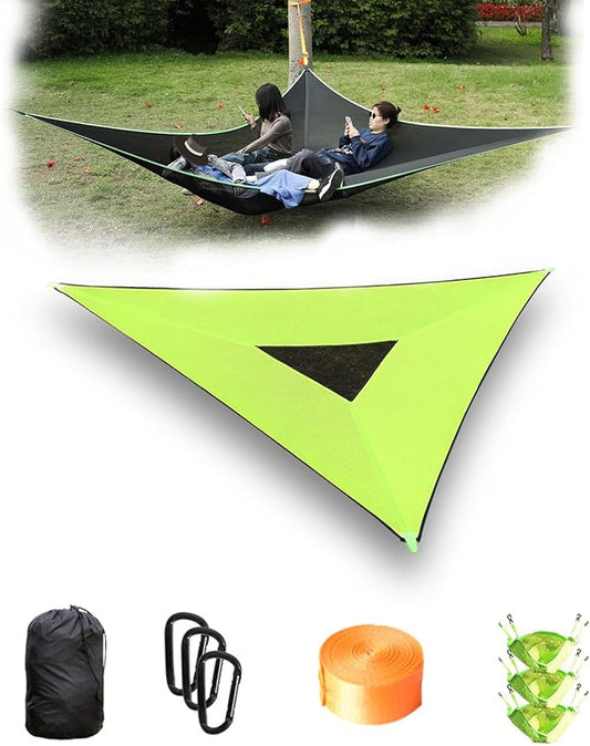 Multi-person triangular hammock, aerial camping hammock, suspended type, suitable for outdoor adventures, hiking, backyards, and gardens, includes straps, buckles, and storage bag (Green, 157in*157in)