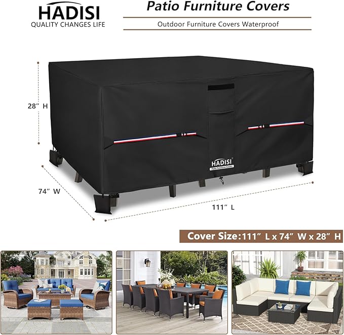 Patio Furniture Covers,Outdoor Furniture Cover Waterproof,600D Rectangular Patio Heavy Duty Table Cover,Outdoor Dining Table and Chair General Purpose Furniture Covers 111"L x 74"W x 28"H-Black