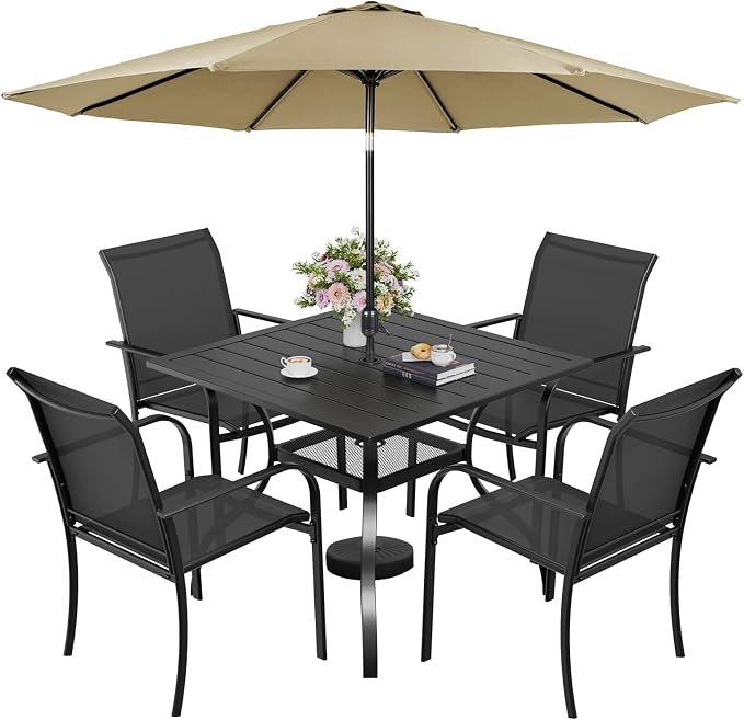 Incbruce 6 Pieces Patio Dining Set with Brown Umbrella, Outdoor Dining Set of 4 Textilene Chairs and Square Table with Umbrella Hole for Backyard, Garden, and Poolside (Black)