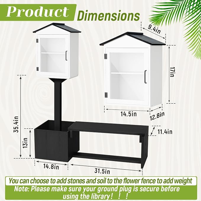 Wonderjune 3-in-1 Little Library Box Outdoor with Bench & Planter DIY Paintable Lending Free Library Pine Wood Neighborhood Share Box Ground Mount Kit for Yard Garden Community School(Black and White)