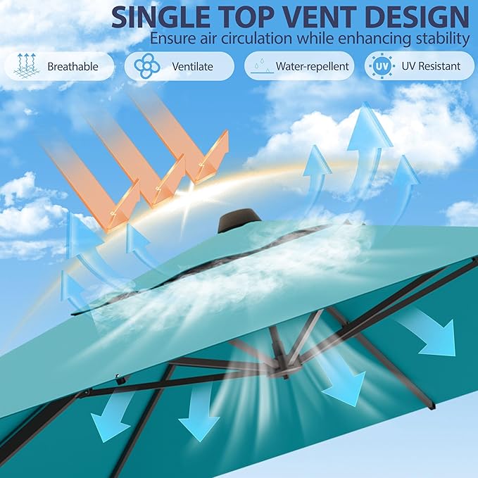 9' X 12' Cantilever Patio Umbrella Rectangle Outdoor Umbrella with Base Included, 6-Level Tilt & 360° Rotation Offset Umbrella for Garden, Deck, Pool (Turquoise)